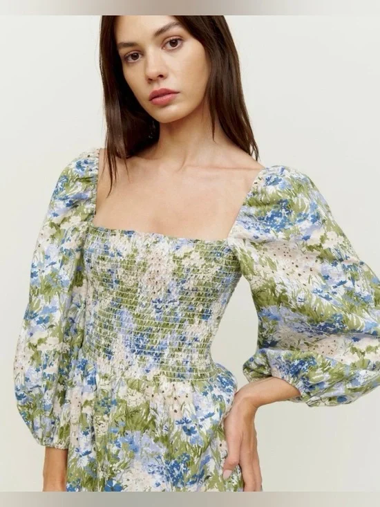 Reformation Greyson Floral Print Linen Mini Dress Size Small - Picture 3 of 13